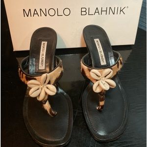 Fur Leopard Thong Manolo Blahnik Heel  , size Eur 37 , US 6.5
